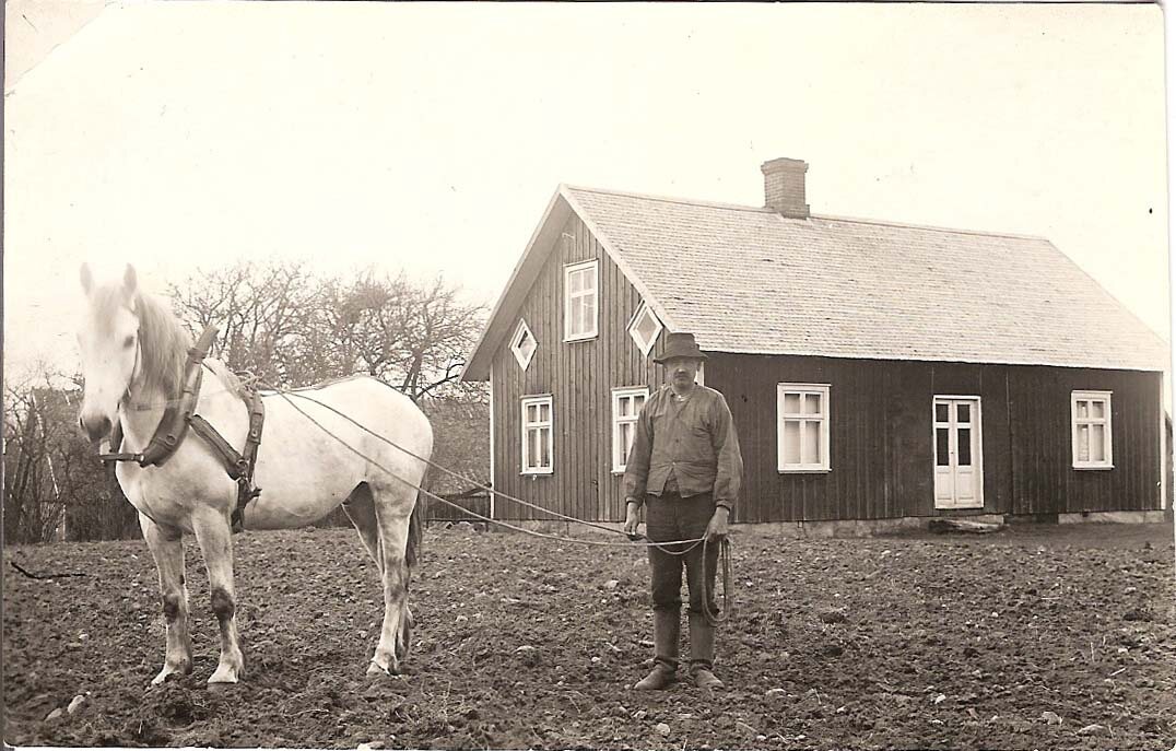 Lantbrukare med arbetshäst på en åker