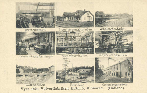 Historiskt vykort från omkring 1915: Vyer från väverifabriken, Brännögård